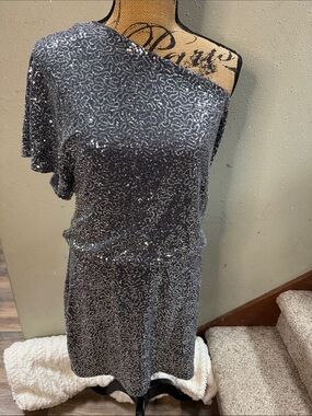 Express Silver Sequin One Shoulder Bodycon Dress